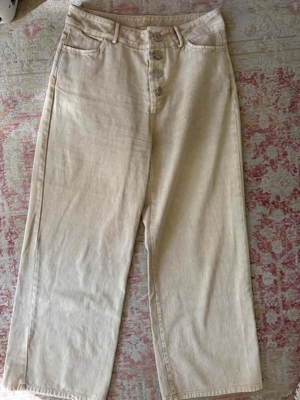 High-Rise Wide Leg Button-Front Pants in Light Cream